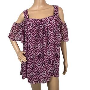 Lane Bryant Cold Shoulder Top Size 18 Geometric Print Flowy Boho‎ Beachy Shirt